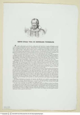 Porträt des Bonifazio Veronese als Frontispiz über einer zweiseitigen Biografie "Cenni Sulla Vita Di Bonifazio Veneziano"