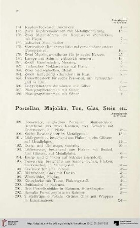 Porzellan, Majolika, Ton, Glas, Stein etc. (Nr. 189-246)