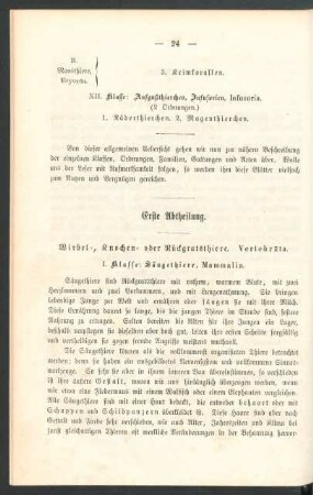 Erste Abtheilung. Wirbel-, Knochen- oder Rückgratsthiere. Vertebrata.