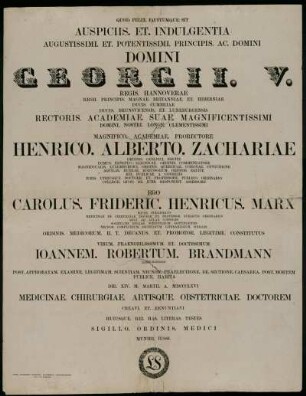 Quod. Felix. Faustumque. Sit Auspiciis. Et. Indulgentia [...] [Urkunde zur Promotion des Johann Robert Brandmann zum Dr. med., Hamburg, 1866]