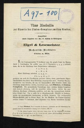 Vier Modelle zur Theorie der Linien-Complexe zweiten Grades