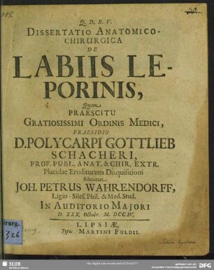 Dissertatio Anatomico-Chirurgica De Labiis Leporinis
