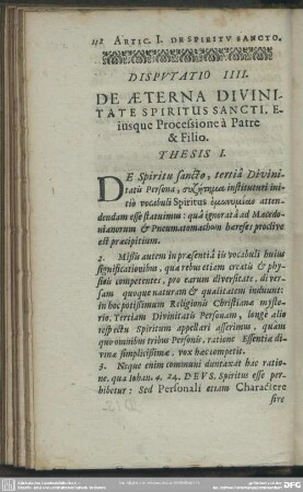 Disputatio IIII. De Aeterna Divinitate spiritus Sancti, Eiusque Processione à Patre & Filio