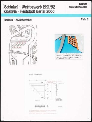 Museumshafen im Humboldthafen, Berlin Schinkelwettbewerb 1992: Dreieck - Zwischenstück: Lageplan, Modellfoto, Schnitte 1:100