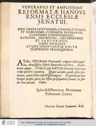 Venerabili et Amplissimo Reformat ae Hanoviensis Ecclesiae Senatui