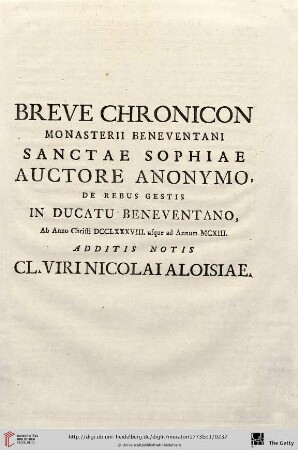 Breve Chronicon Monasterii Beneventani Sanctae Sophiae, Auctore Anonymo.