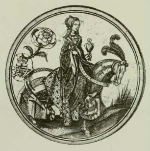 Spielkarte mit Rosen (Rosendame auf Zelter, mit Falken)