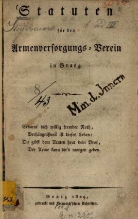Statuten für den Armenversorgungs-Verein in Gratz