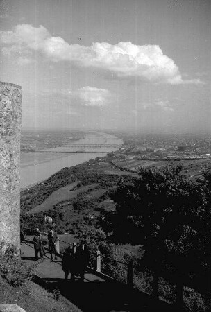 Wien: Blick über die Donau vom Kahlenberg, Blick vom Leopoldsberg, Vordergrund Weg mit Leuten