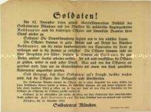 Maueranschlag des Münchener Soldatenrates über den Dienstantritt von Offizieren und Beamten nach dem Sturz der Monarchie