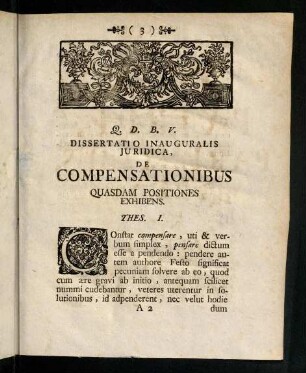 3-15, Q. D. B. V. Dissertatio Inauguralis Juridica, De Compensationibus Quasdam Positiones Exhibens.