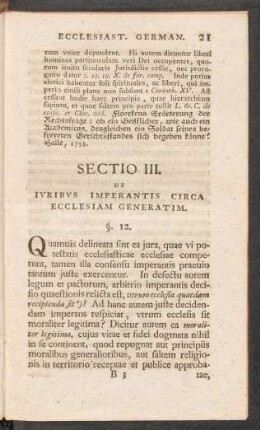 Sectio III. De Iuribus Imperantis Circa Ecclesiam Generatim.