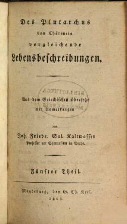 Des Plutarchus von Chäroneia vergleichende Lebensbeschreibungen, 5
