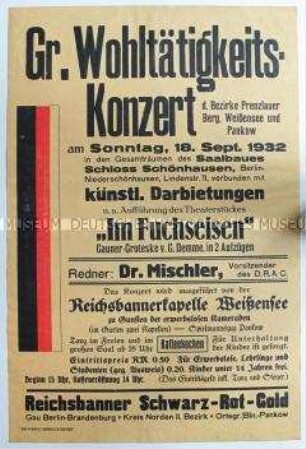 Maueranschlag zu einem Wohltätigkeitskonzert des Reichsbanners Schwarz-Rot-Gold