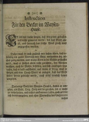 Instruction Für den Becker im Waysen-Hause
