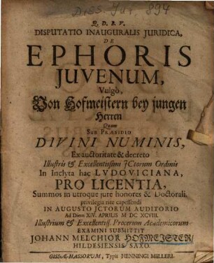 Disputatio Inauguralis Juridica, De Ephoris Juvenum, Vulgò, Von Hofmeistern bey jungen Herren