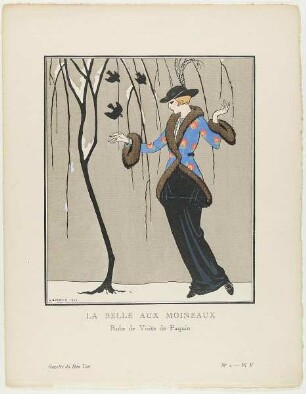 "La Belle aux Moineaux. Robe de Visite de Paquin" (Illustration aus "Gazette du Bon Ton", No. 2)