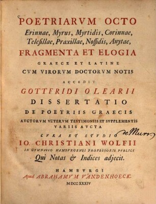Poetriarvm Octo Erinnae, Myrus, Myrtidis, Corinnae, Telesillae, Praxillae, Nossidis, Anytae, Fragmenta Et Elogia : Graece et Latine Cvm Virorvm Doctorvm Notis