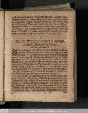 IX. Von den Kranckheiten und Sterbensgefahr der Menschen und Unvernünfftigen Creaturen.