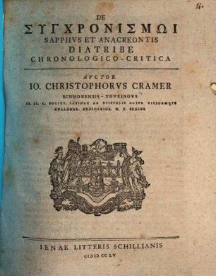 De Synchronismōi Sapphus Et Anacreontis Diatribe Chronologico-Critica
