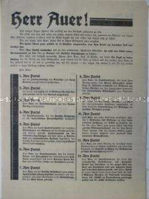 Propagandaflugblatt der NSDAP zur Reichstagswahl 1928 mit Polemik gegen den SPD-Politiker Auer