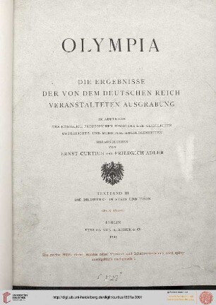 Textband 3: Olympia: die Ergebnisse der von dem Deutschen Reich veranstalteten Ausgrabung: Die Bildwerke von Olympia in Stein und Thon