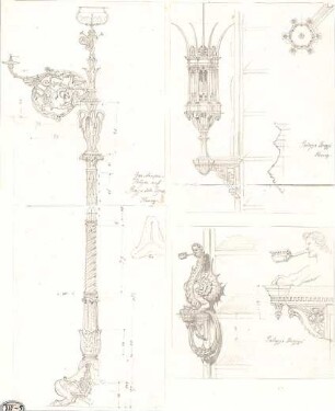 Lange, Ludwig; Lange - Archiv: XIV.5 Geräte - Gas - Lampen - Träger aus der Plazza della Signora u. Palazzo Strozzi in Florenz (Ansicht,Details)