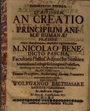 Dissertatio Physica, exponens Quaestionem, An Creatio Sit Principium Animae Humanae?