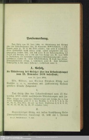 A. Gesetz, die Abänderung des Gesetzes über den Urkundenstempel vom 13. November 1876 betreffend