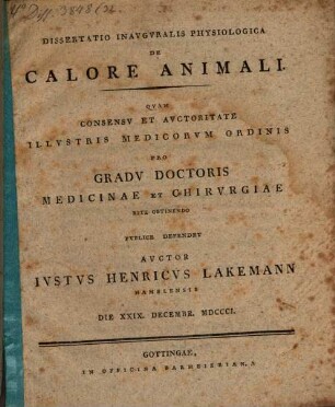 Diss. inaug. physiol. de calore animali