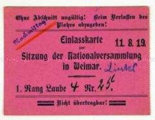 Eintrittskarte für die Nationalversammlung in Weimar
