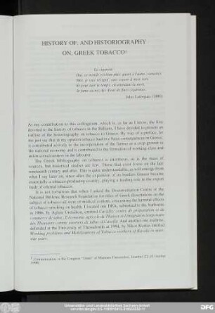History Of, And Historiography On, Greek Tobacco