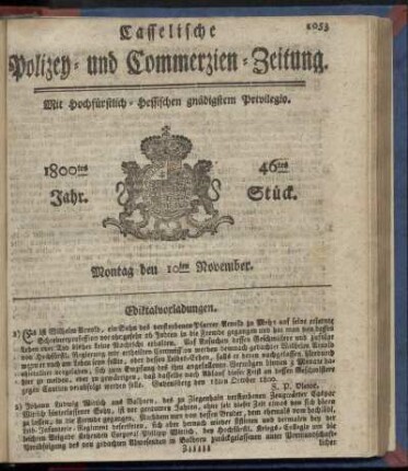 46tes Stueck, Montag den 10ten November 1800