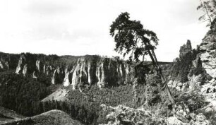 Sächsische Schweiz, Rathener Kessel. Honigsteinmassiv. Blick von den Feldsteinen nach Westen über den Amselgrund zur Kleinen und Großen Gans und zur Lokomotive