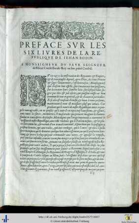 Preface sur les six livres de la republique de Iehan Bodin