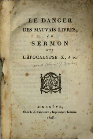 Le danger des mauvais livres : ou Sermon sur l'apocalypse X, V. 10