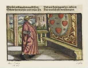 Mann betrachtet eine Wand mit Herzen und Augen, aus: "OFFICIA M.T.C. EJn Bůch So Marcus Tullius Cicero der Römer zů seynem Sune Marco von den tugentsamen ämptern [...]", Augsburg 1533
