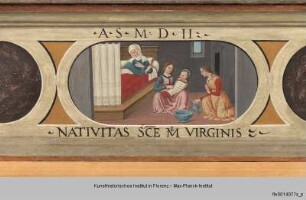 Madonna mit Kind und den Heiligen Hieronymus und Bernhard : Predella mit Inschriften und der Geburt Marias
