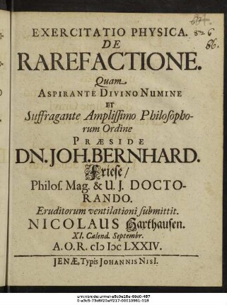 Exercitatio Physica. De Rarefactione