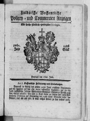 29tes Stück, Ausgabe vom 17. Julii 1767