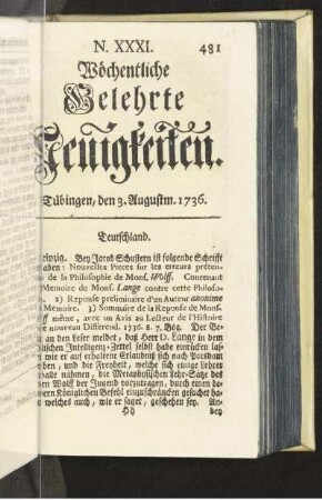 N. XXXI. Tübingen, den 3. Augustm. 1736