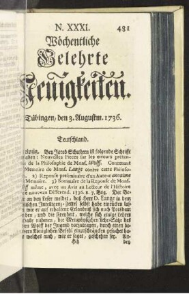 N. XXXI. Tübingen, den 3. Augustm. 1736