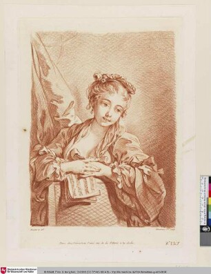 [Junge Frau mit einer Rose im Haar und Notenblatt unter den Händen; Sujet de Femme]