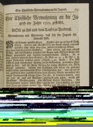 Eine Christliche Vermahnung an die Jugend im Jahre 1553. gestellet