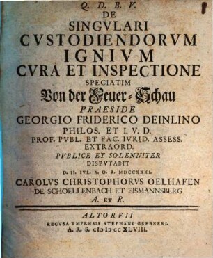 De Singvlari Cvstodiendorvm Ignivm Cvra Et Inspectione Speciatim Von der Feuer-Schau