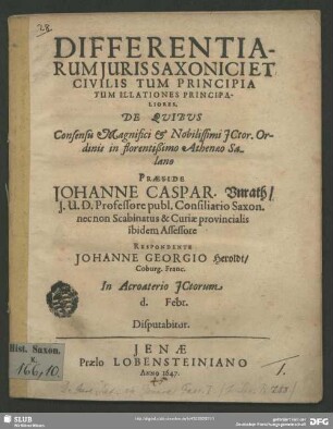 Differentiarum juris Saxonici et civilis tum principiatum illationes principaliores