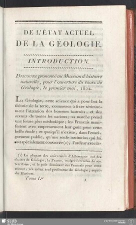 Introduction. Discours prononcé au Muséum d'histoire naturelle, pour l'ouverture du cours de Géologie, le premier mai, 1802