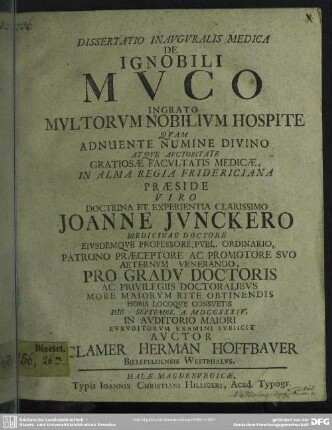 Dissertatio Inauguralis Medica De Ignobili Muco, Ingrato Multorum Nobilium Hospite