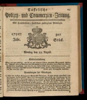 32tes Stueck, Montag den 8ten August. 1791