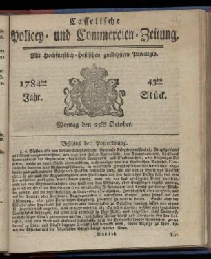 43tes Stueck, Montag den 25ten October. 1784